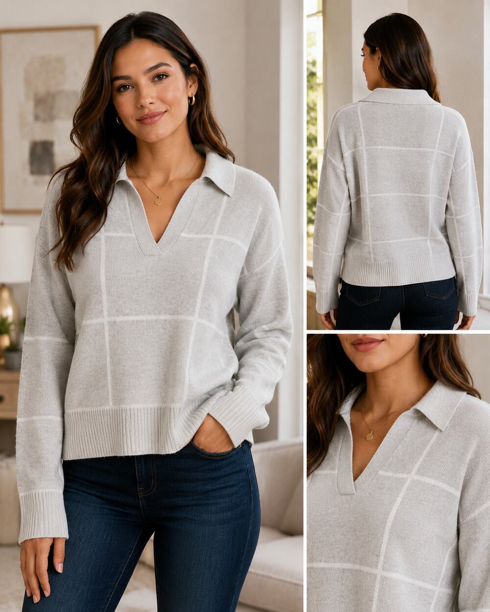 Tahari Gray White Windowpane V-Neck Collared Sweater XS